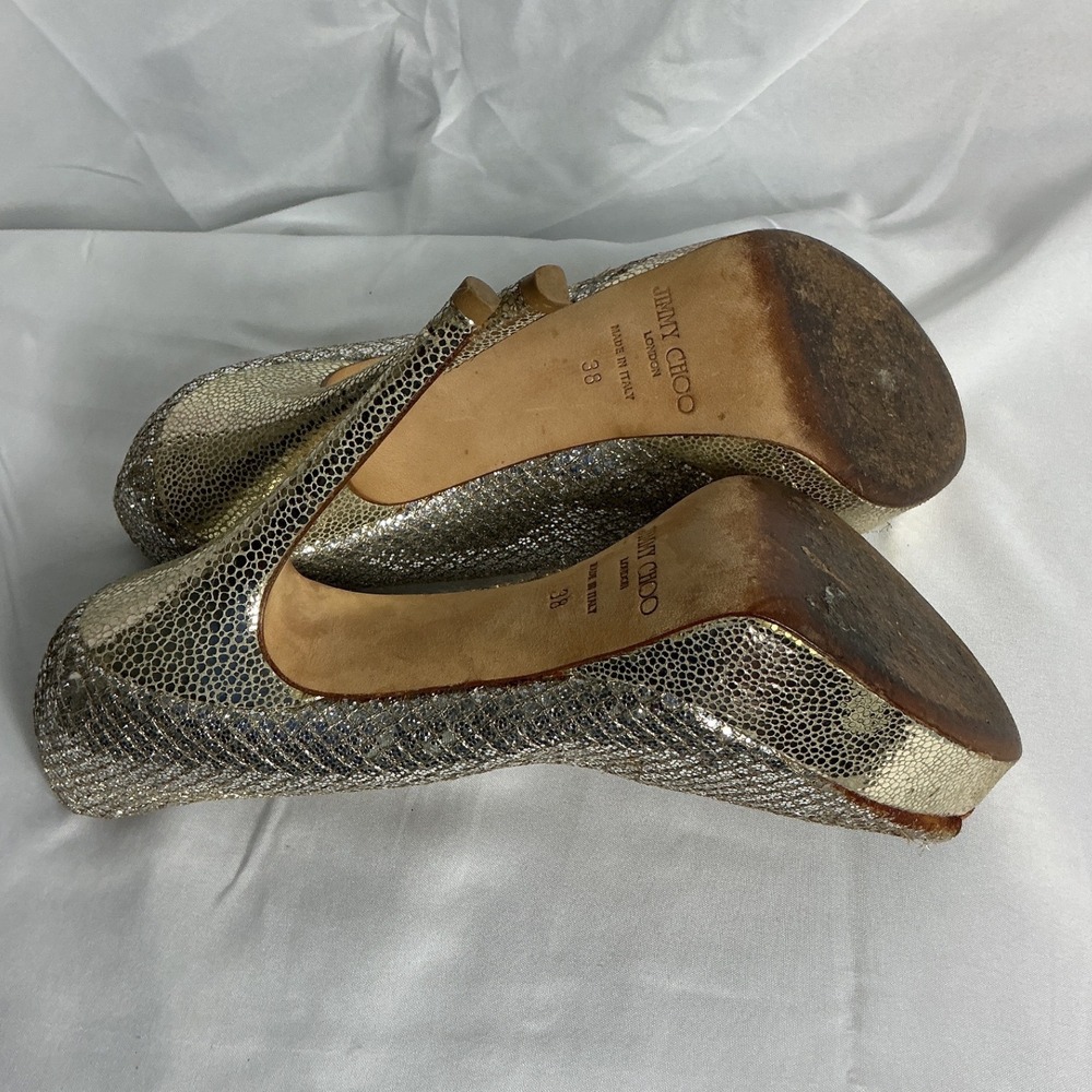 Jimmy Choo Champagne Gold Glitter Peep Toe Platform Pumps Heels Size 38 - Picture 6 of 11